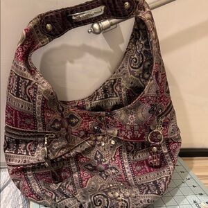 Kathy Van Zeeland Red and Lilac Patterned Hobo Bag